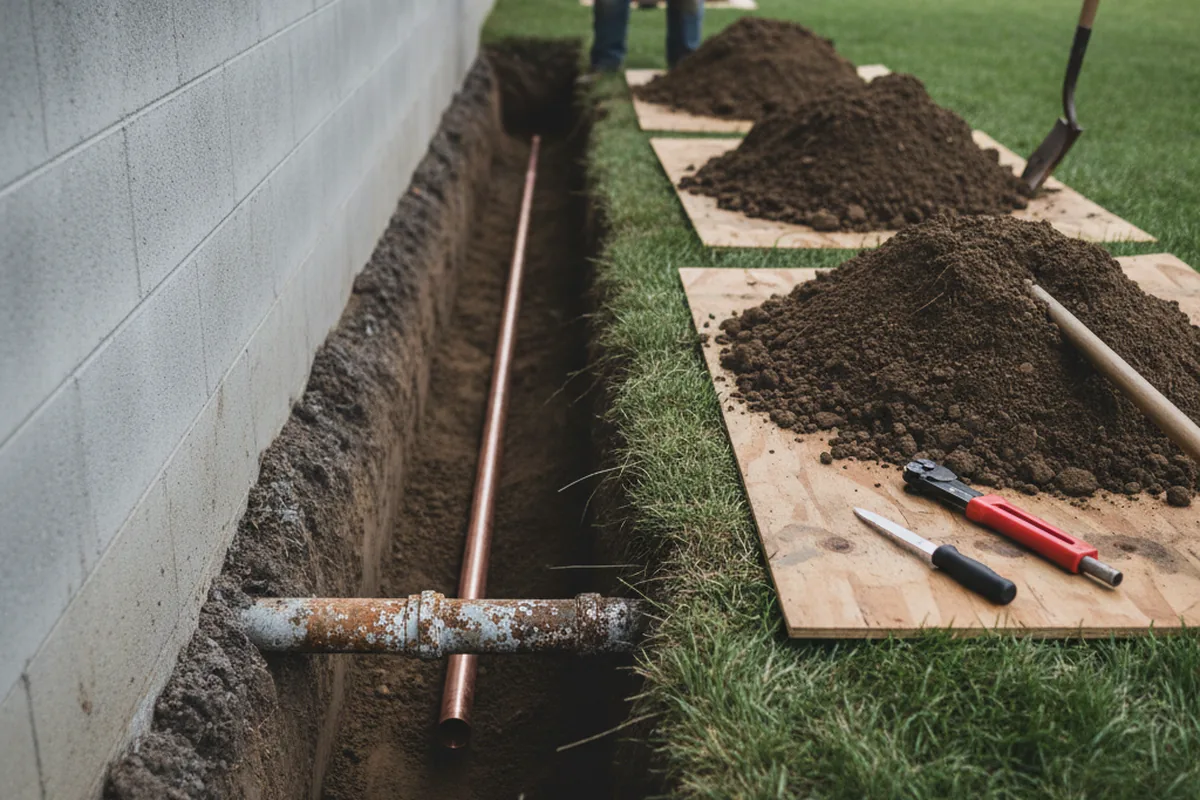 Excavated water line trench during Sewer Line Repair in Cambridge